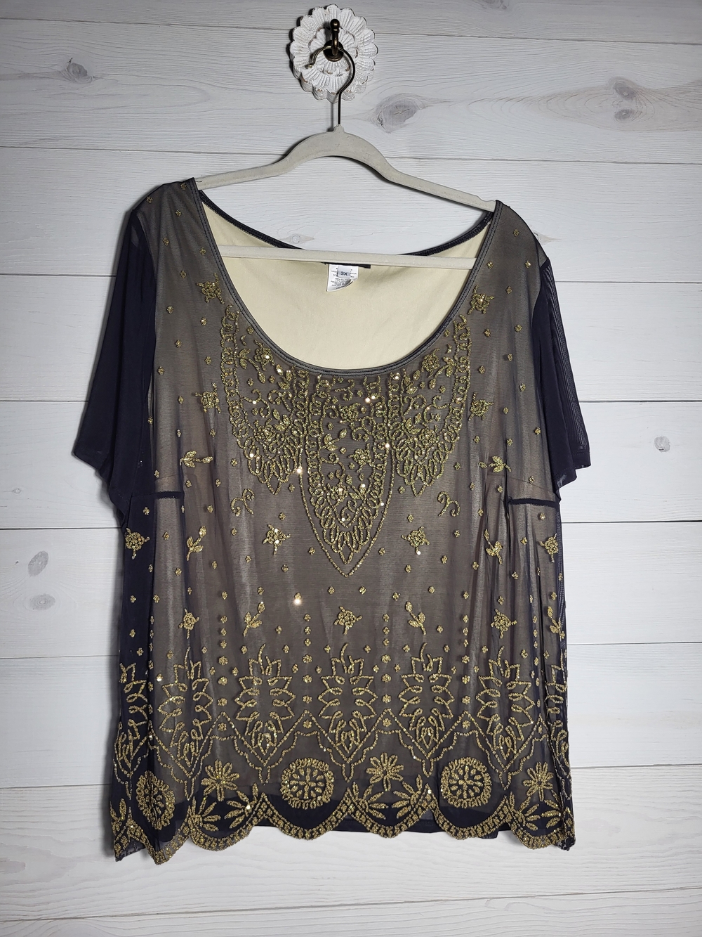 Onyx Nite Plus Size Top Floral Beaded Sequin Embellished Glam Evening Party.